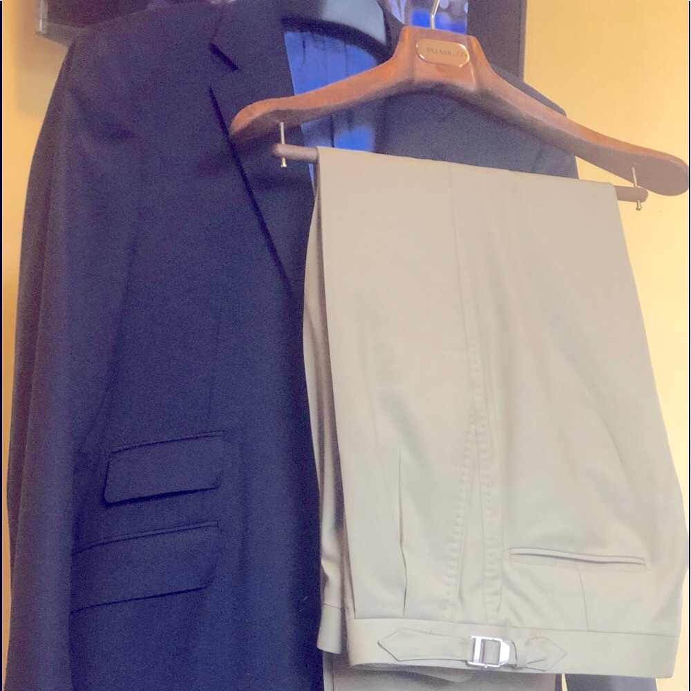Custom Made Navy Blazer and Worsted Wool Gaberdine Khaki Color Trousers